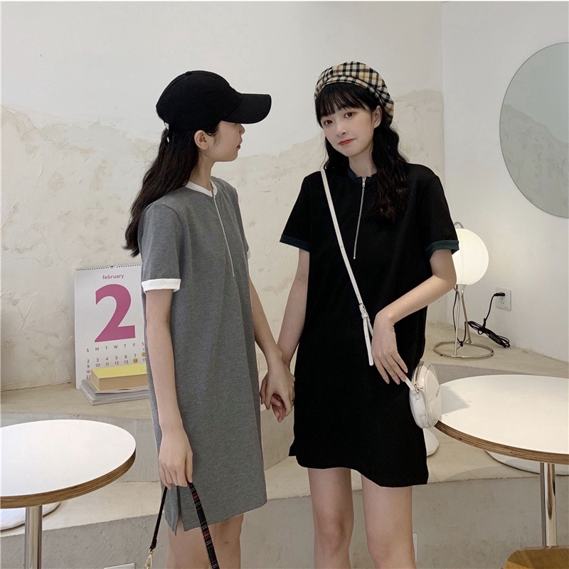 SUXI Đầm thun ngắn tay màu trơn phối khóa kéo phong cách trẻ trung năng động cho nữ