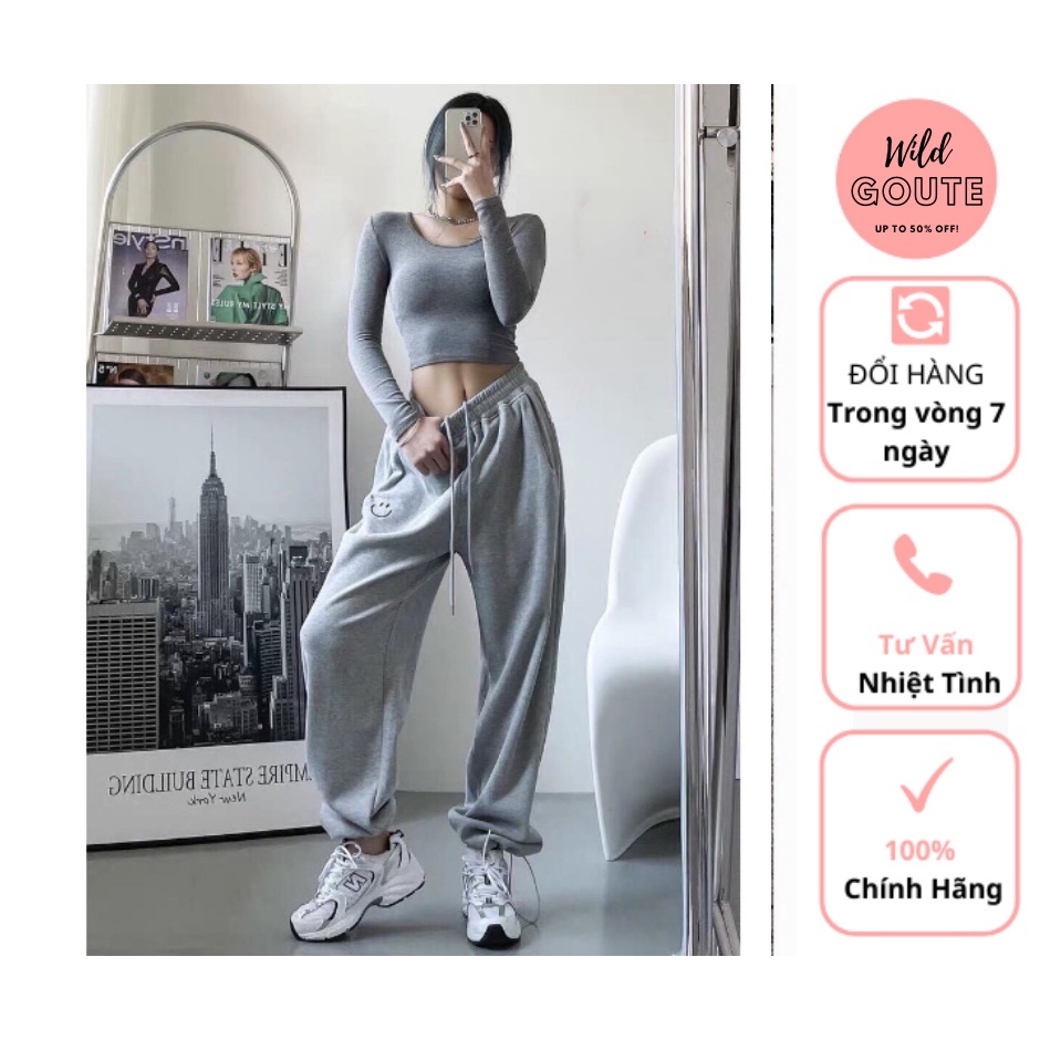 Quần Jogger Nỉ Thêu Mặt Cười Chất Liệu Nỉ Trơn Dày Dặn Wild.Goute SP000785