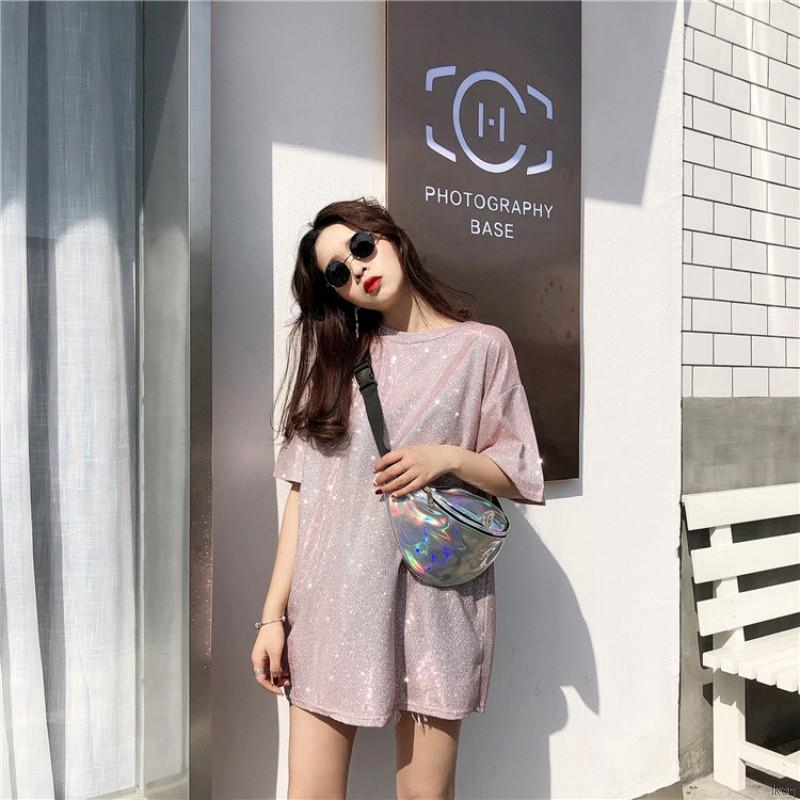 Áo Thun Màu Lấp Lánh Dáng Dài Tay Ngắn Cho Nữ