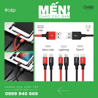 Cáp sạc 2m & 1m chuẩn micro usb/ type-c/ lightning 2.4a hoco. dây dù siêu bền sạc, truyền dự liệu nhanh cho android, ios