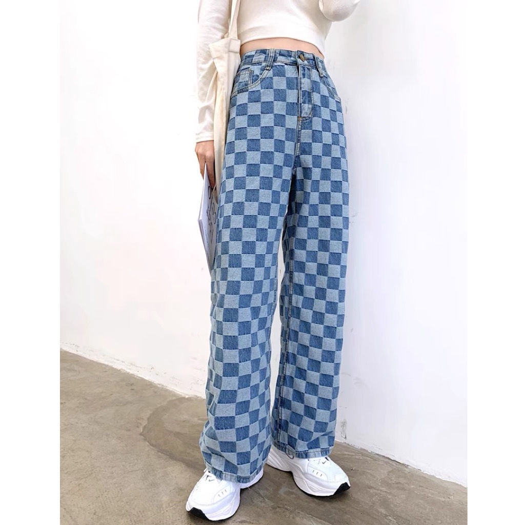 Quần Jean Nữ Lưng Cao Ống Rộng Họa Tiết Sọc Caro Thiết Kế Mới Năng Động Thời Trang Dành Cho Nữ
