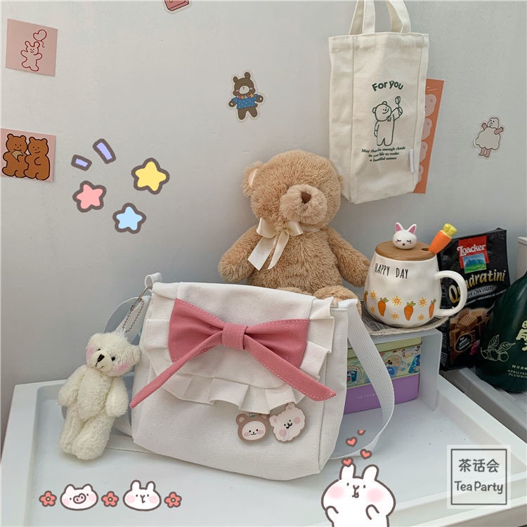 Túi vải đeo vai đính nơ phong cách lolita Nhật Bản túi đeo vai ngọt ngào của nữ sinh túi jk