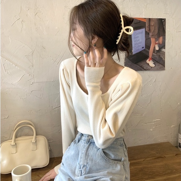 Áo dệt kim ZHELIHANGFEI tay dài dáng ôm quyến rũ trẻ trung phong cách Pháp