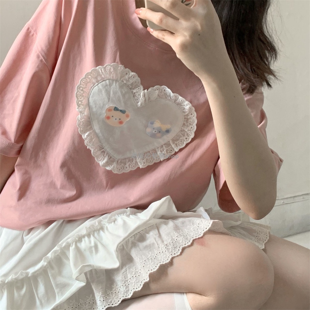 Áo Thun Dáng Rộng Tay Ngắn Phối Ren Họa Tiết Trái Tim/Gấu Dễ Thương Thời Trang Mùa Hè Cho Nữ 2022