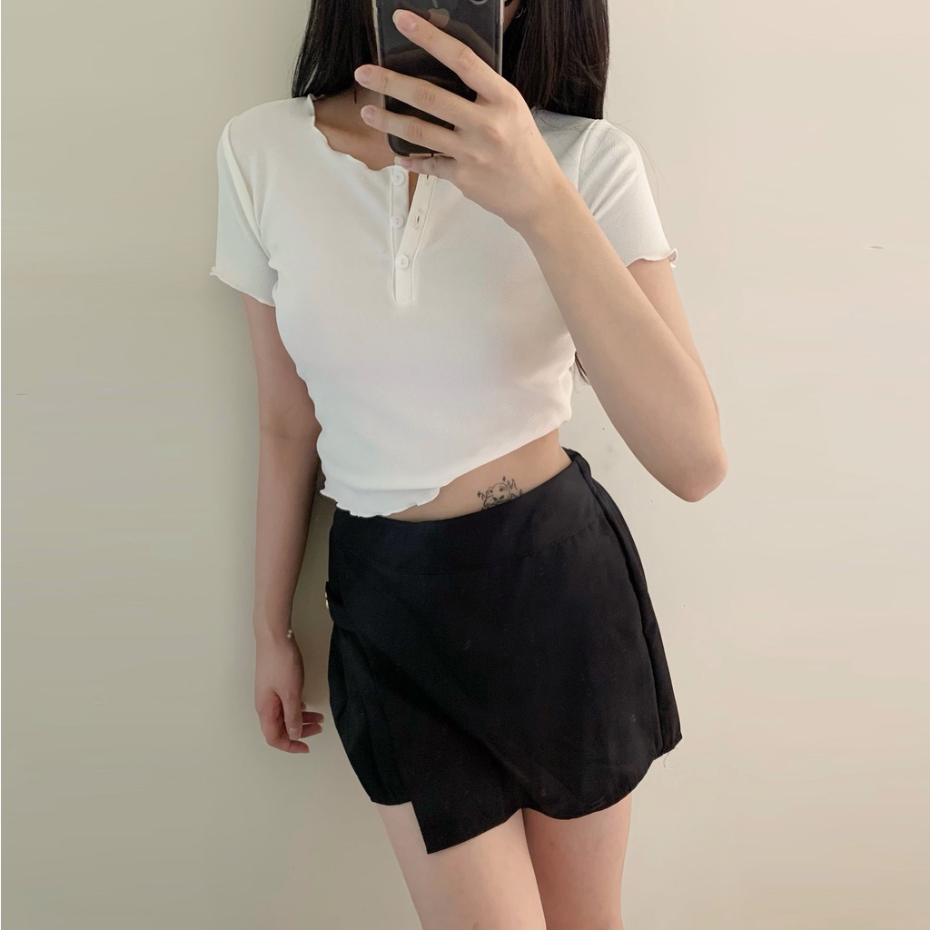 (SET 2 MÓN có BIGSIZE) Set áo len thun tổ ong có nút cổ tròn + quần giả chân váy chữ A BO CHUN ulzzang đi chơi basic