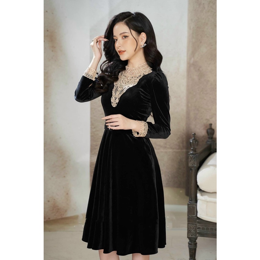 XẢ VN191 - VÁY NHUNG ĐEN REN CỔ DÁNG XÒE CHO NỮ