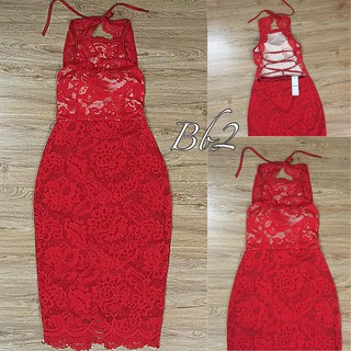 Đầm body ren cổ yếm đan dây lưng (trắng, đỏ, đen)