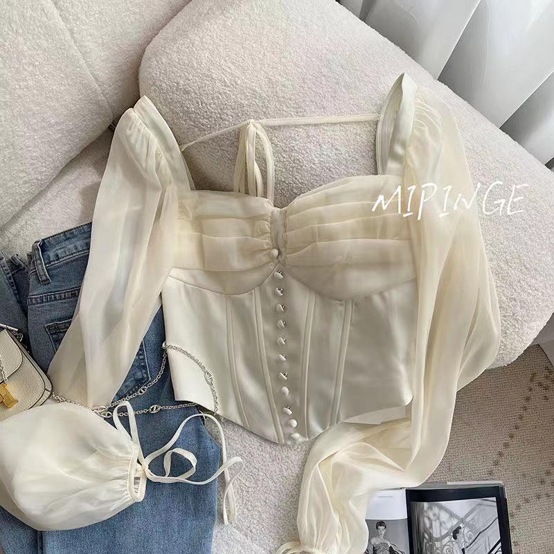 Áo Kiểu Tay Dài Cổ Vuông Phong Cách retro Thời Trang Hàn Quốc Cho Nữ