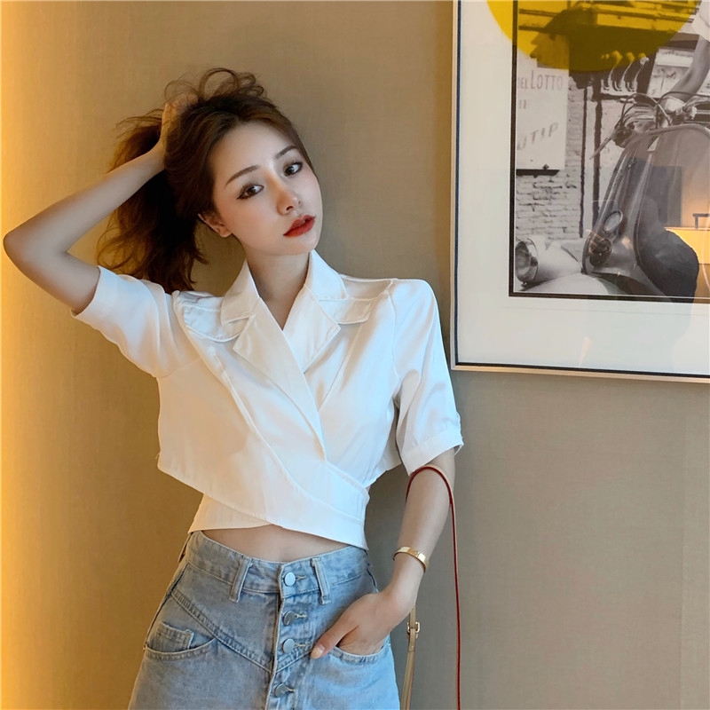 IELGY   Áo Kiểu Tay Ngắn Cổ Chữ V Chéo Dây Lưng Cao Thời Trang Quyến Rũ Cho Nữ