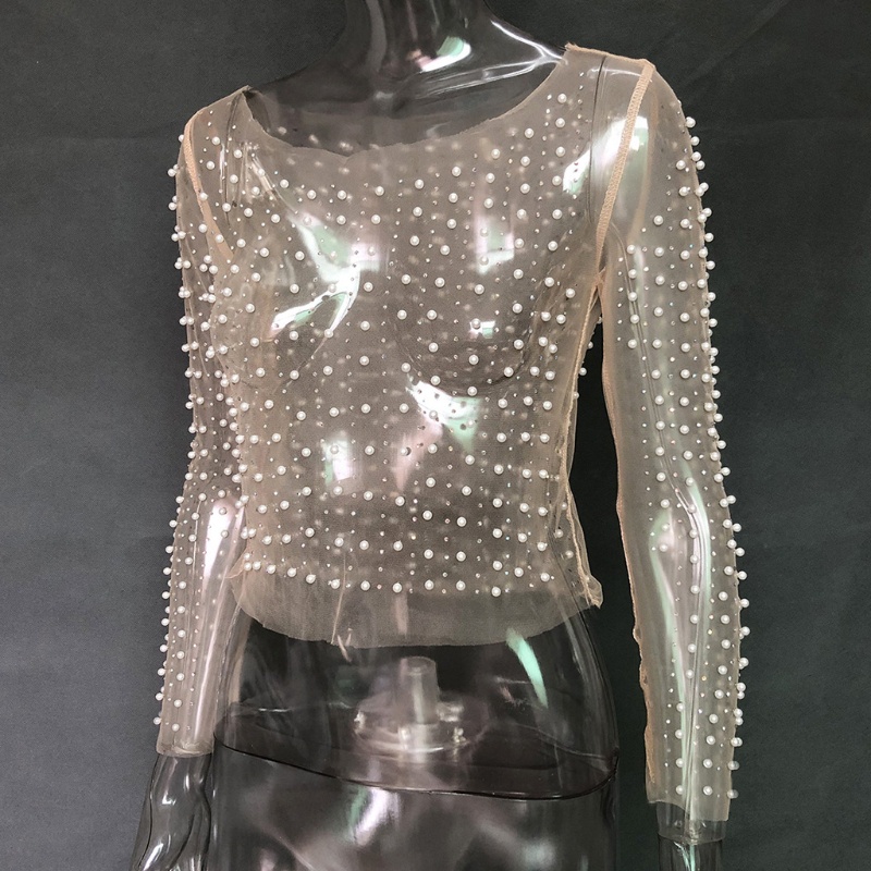Áo Lưới Croptop Tay Dài Xuyên Thấu Đính Ngọc Trai Giả Lấp Lánh Thời Trang Cho Nữ Sl