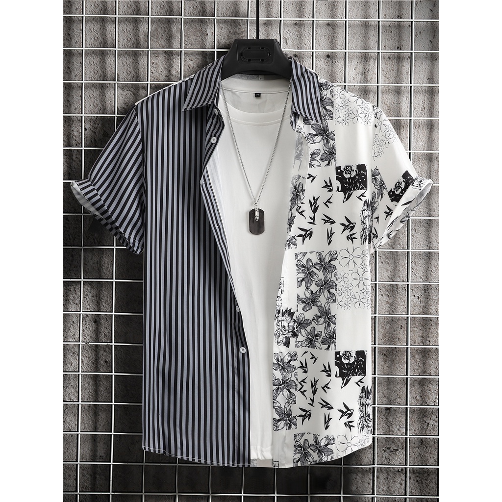 Áo sơ mi họa tiết hoa kẻ sọc đen trắng tay ngắn nam nữ vải thoáng mát, thấm hút, mát mẻ hawaiian shirt