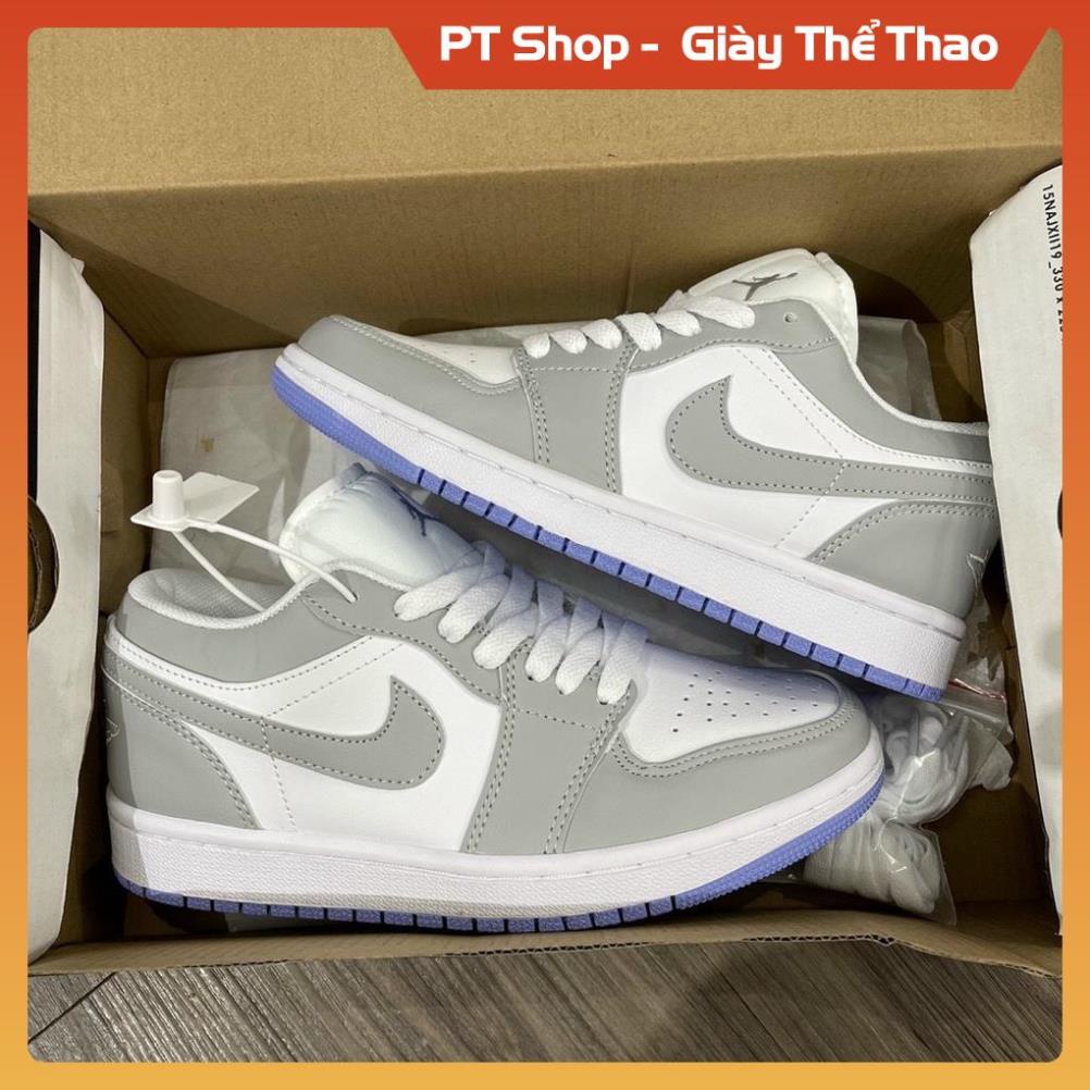Giày Jordan xám trắng thấp cổ đủ phụ kiện , Giầy sneaker thể thao JD1 ghi đế tím