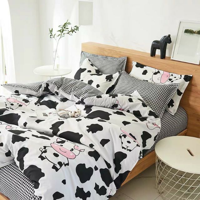 Bộ Chăn Ga Gối Bò Sữa Trắng Cute Cotton Poly Bộ Chăn Ga Gối 5 Món, 4 Món