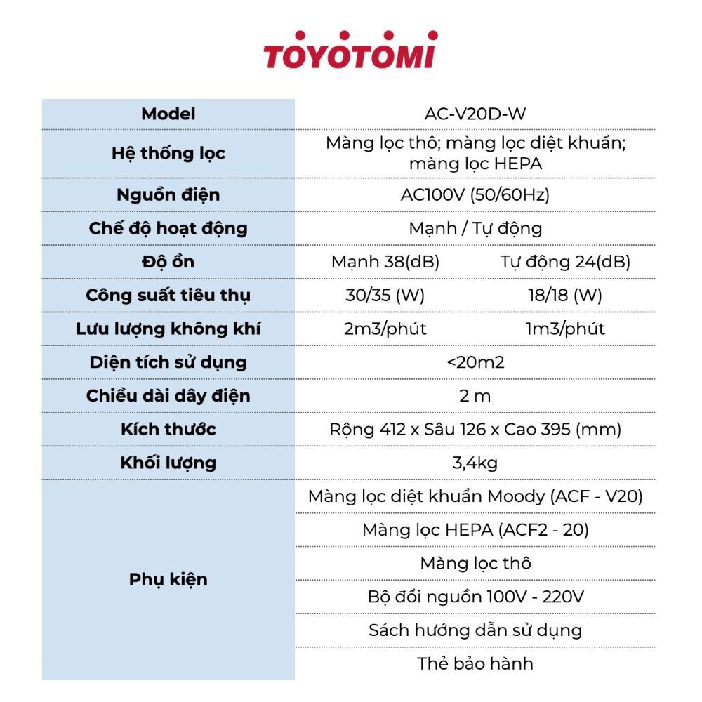 [Mã SKAMSALE03 giảm 10% đơn 200k] Máy lọc không khí gia đình TOYOTOMI AC-V20D , màng lọc HEPA nội địa Nhật Bản sử dụng 1