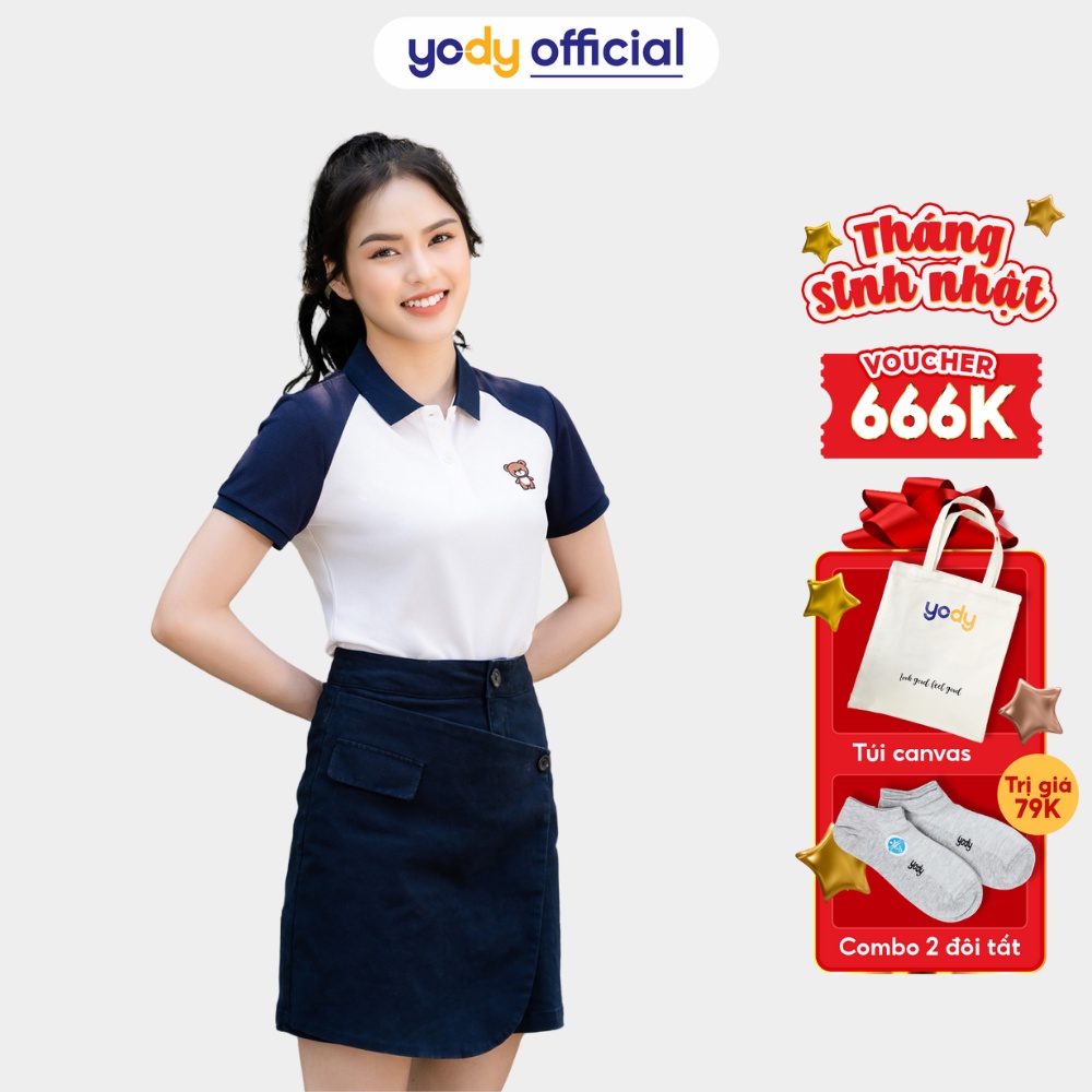 Áo Polo Nữ YODY vải cotton cafe in hình gấu APN5326