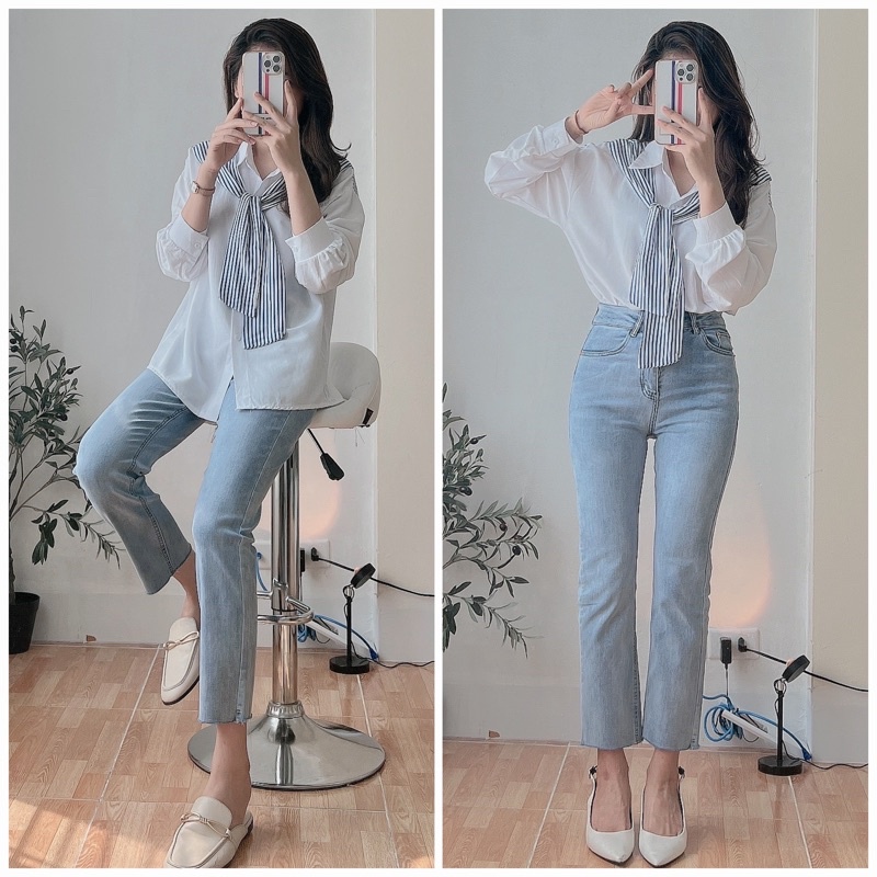 Áo sơ mi vạt bắt vai điệu đa ba màu cột khắn Áo sơ mi nữ trắng sẵn