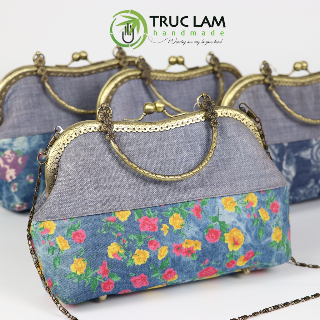 Túi Xách Tay Đeo Chéo Thời Trang Nữ Vải Denim Khóa Nẹp Đồng Họa Tiết Hoa - Trúc Lâm Handmade