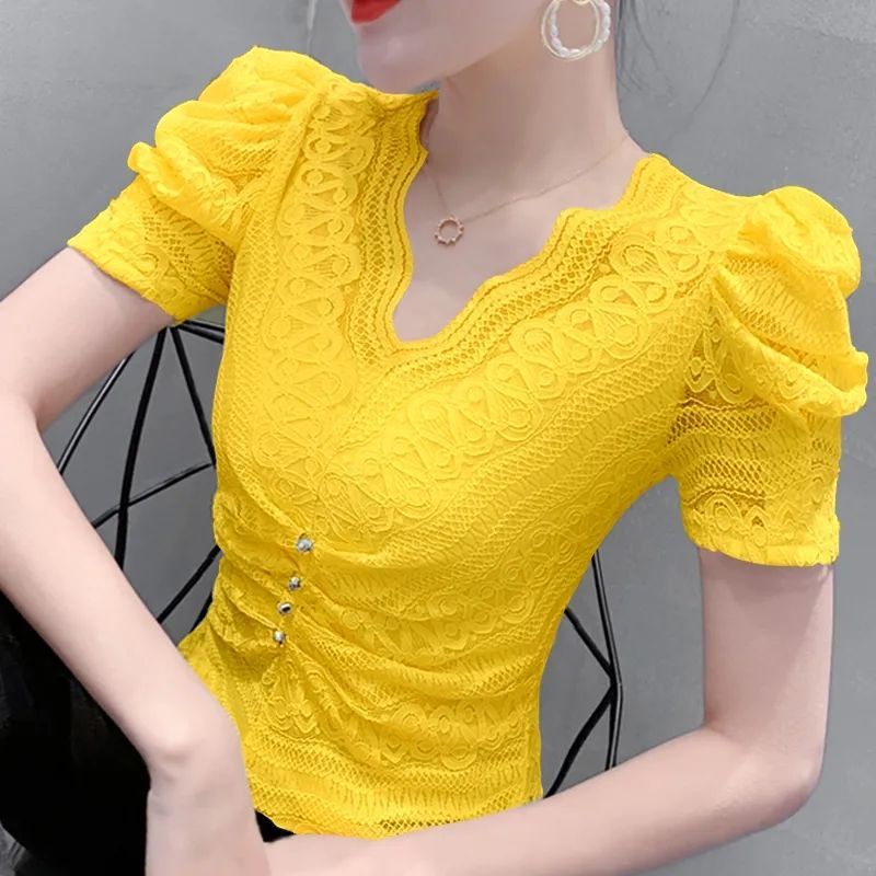 Áo Thun Ngắn Tay Cổ Chữ V Viền Gợn Sóng Thời Trang Cho Nữ