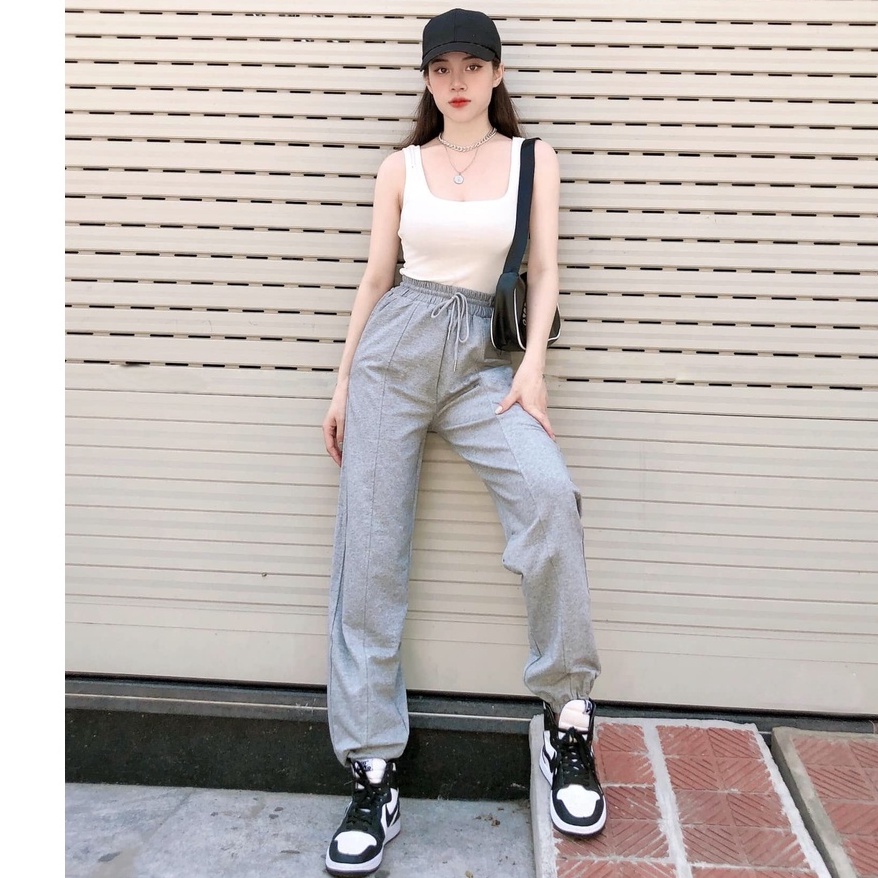 Quần Jogger Nữ Bo Gấu Gân Giữa, Vải Nỉ Da Cá, Lưng Cao Ống Rộng Phong Cách Ulzzang 3 Màu 2021 C. Novembre QJ04