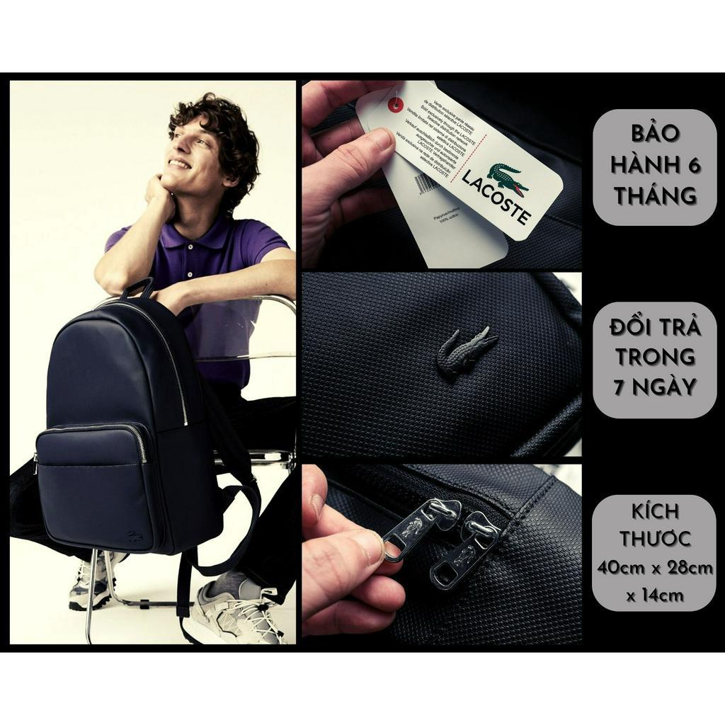 Balo laptop du lịch Unisex logo La.coste cùng chất liệu 100% Polyeste chống nước với kích thước vừa laptop 15 inch.