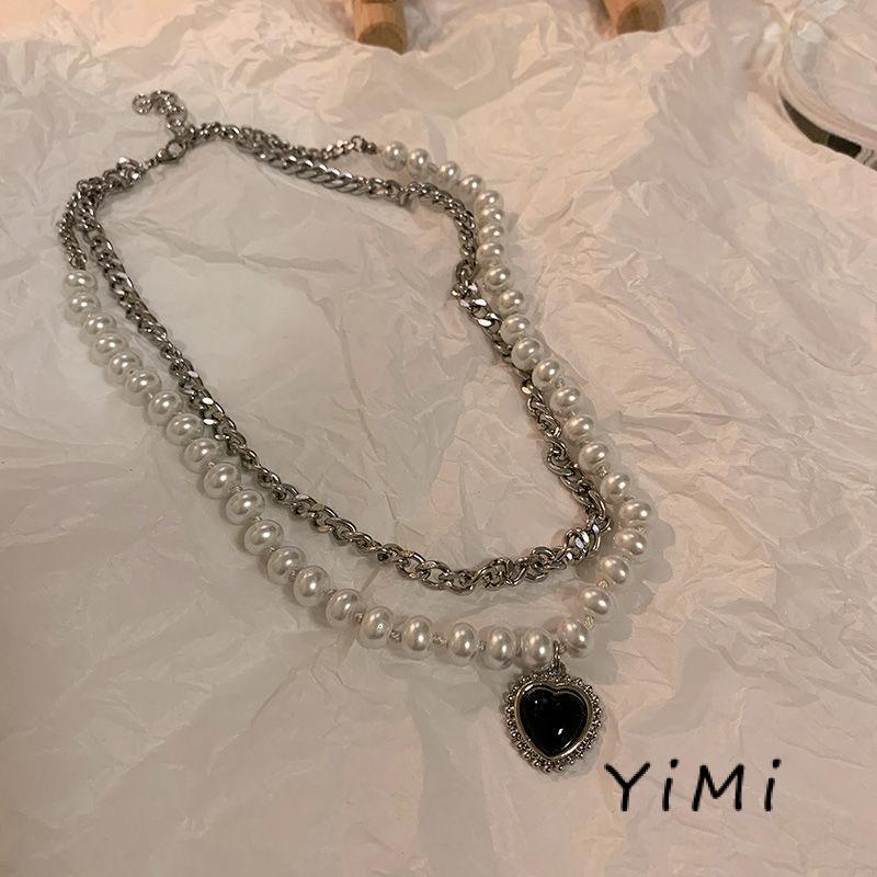 Thời trang Hàn Quốc Vòng cổ ngọc trai tim đen hai lớp Hip Hop