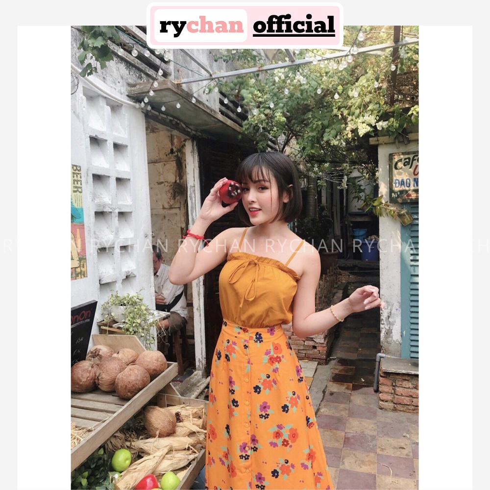 SE603 - Set Áo Hai Dây Và Chân Váy Hoa Vàng Dịu Dàng