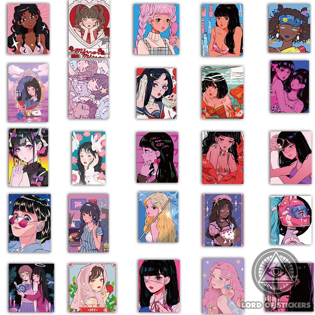 Set 50 Nhãn Dán Hoạt Hình Cute Anime Girl Sticker Retro Cô Gái Nhật Bản Chống Thấm Nước Trang Trí Mũ Bảo Hiểm, Laptop Sổ