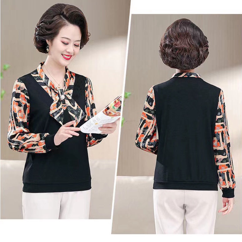 Áo Thun Tay Dài Dáng Rộng Phong Cách Phương Tây Thời Trang Mùa Thu Cho Phụ Nữ Trung Niên