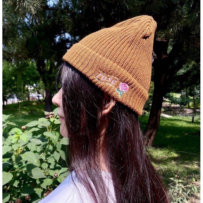 Nón Len Beanie Thêu Hoa Hồng