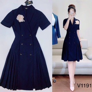 Váy cổ vest xanh than chân dập ly hàng thiết kế