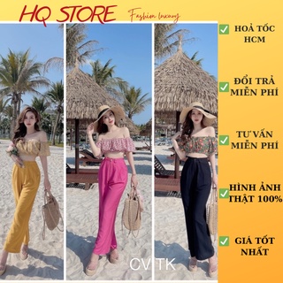 [Set Đi Biển] Set đi biển áo voan hoa bẹt vai crop có bo, quần ống xuông nút gài - Maxi HQ store