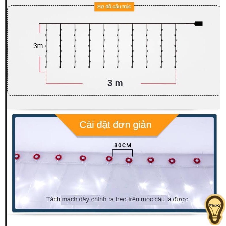 Đèn LED thả Rèm mành nháy 3mx3m trang trí DECOR phòng ngủ lễ tết Vàng Đa Sắc MOXI.