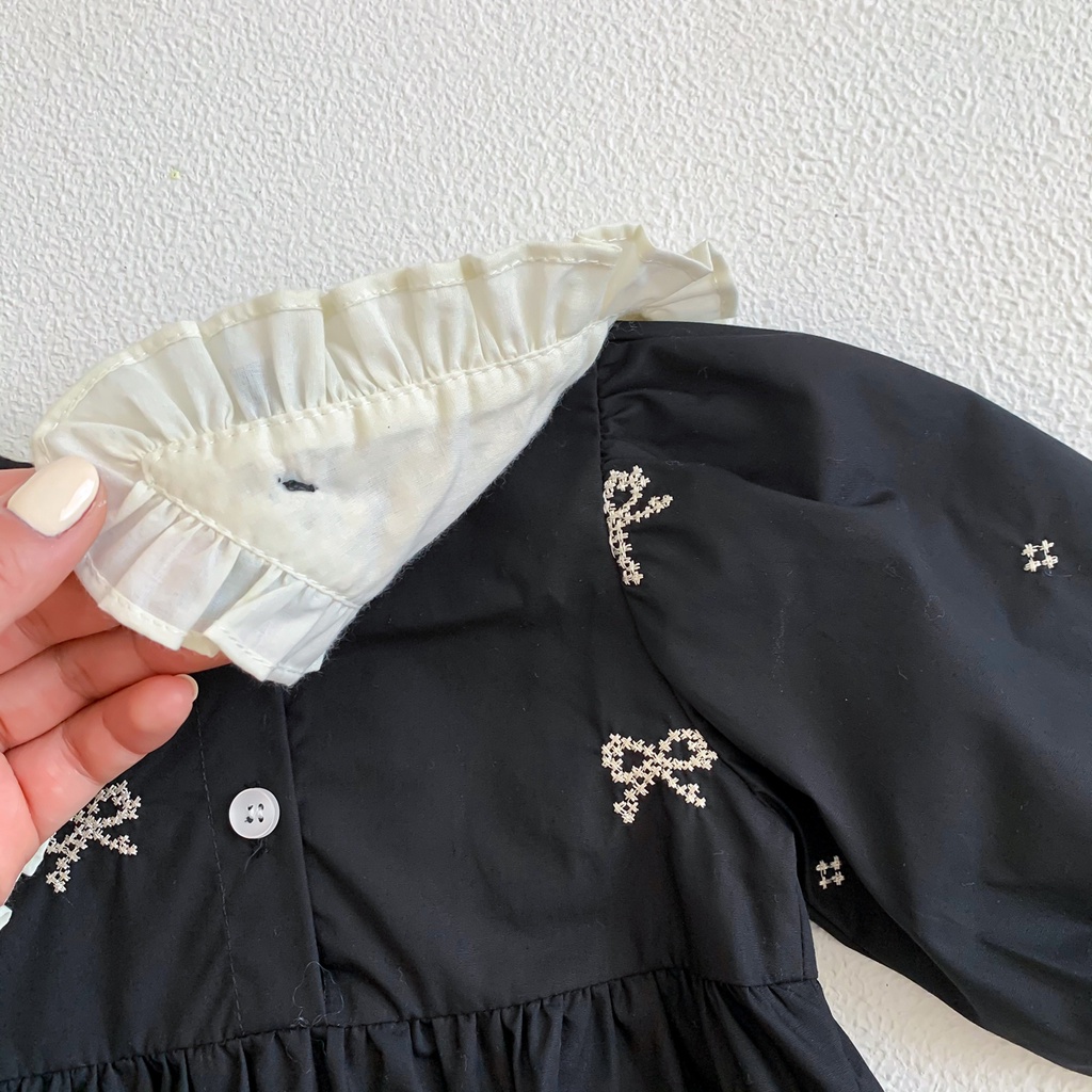 Áo Liền Quần Tay Dài Cổ Ren Thắt Nơ Màu Đen Phong Cách Công Chúa Cho Bé Gái