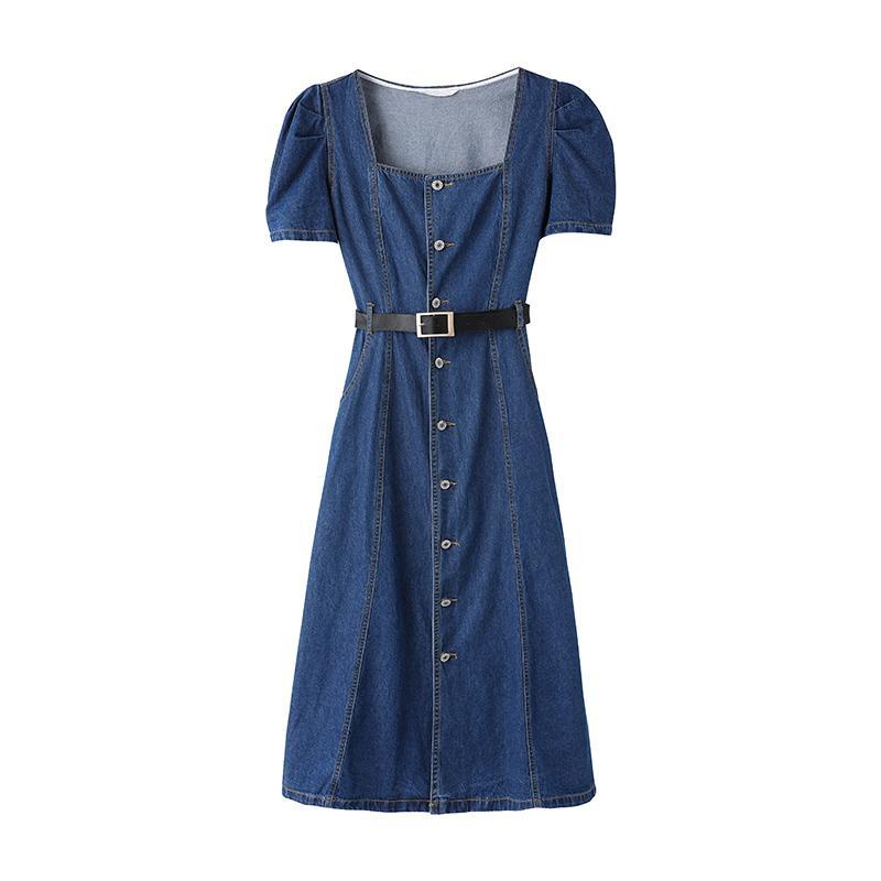 Đầm Denim Dài Dáng Chữ a Cổ Vuông Tay Phồng Phong Cách Pháp Thời Trang Mùa Hè Hàng Mới 2021 Dành Cho Bạn Nữ