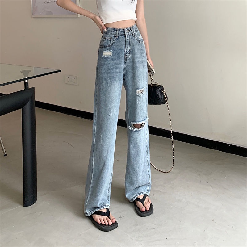 COZOK Quần Jean Ống Rộng Lưng Cao Phối Rách Cá Tính Trẻ Trung