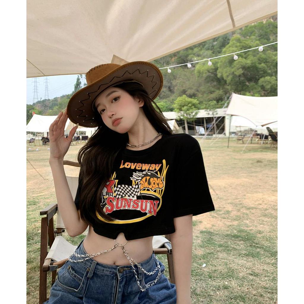 QKOOLE Áo thun ngắn nữ  ngắn tay in họa tiết phong cách Hàn Quốc