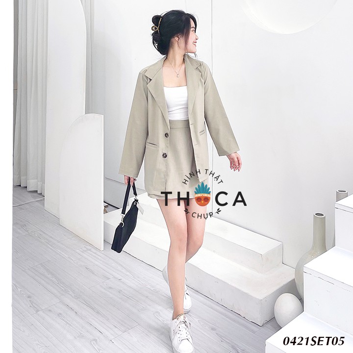 Set vest nữ công sở - Blazer phối chân váy ngắn xẻ bên kiểu trơn xám kem THOCA HOUSE cao cấp chuẩn form