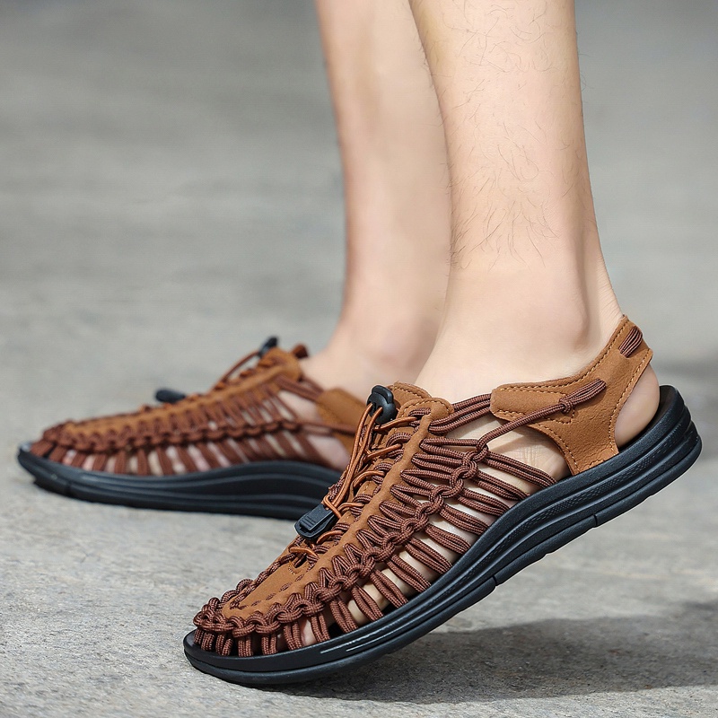 Giày sandal dệt tay chống trượt thoáng khí phong cách đi biển mùa hè cho nam và nữ