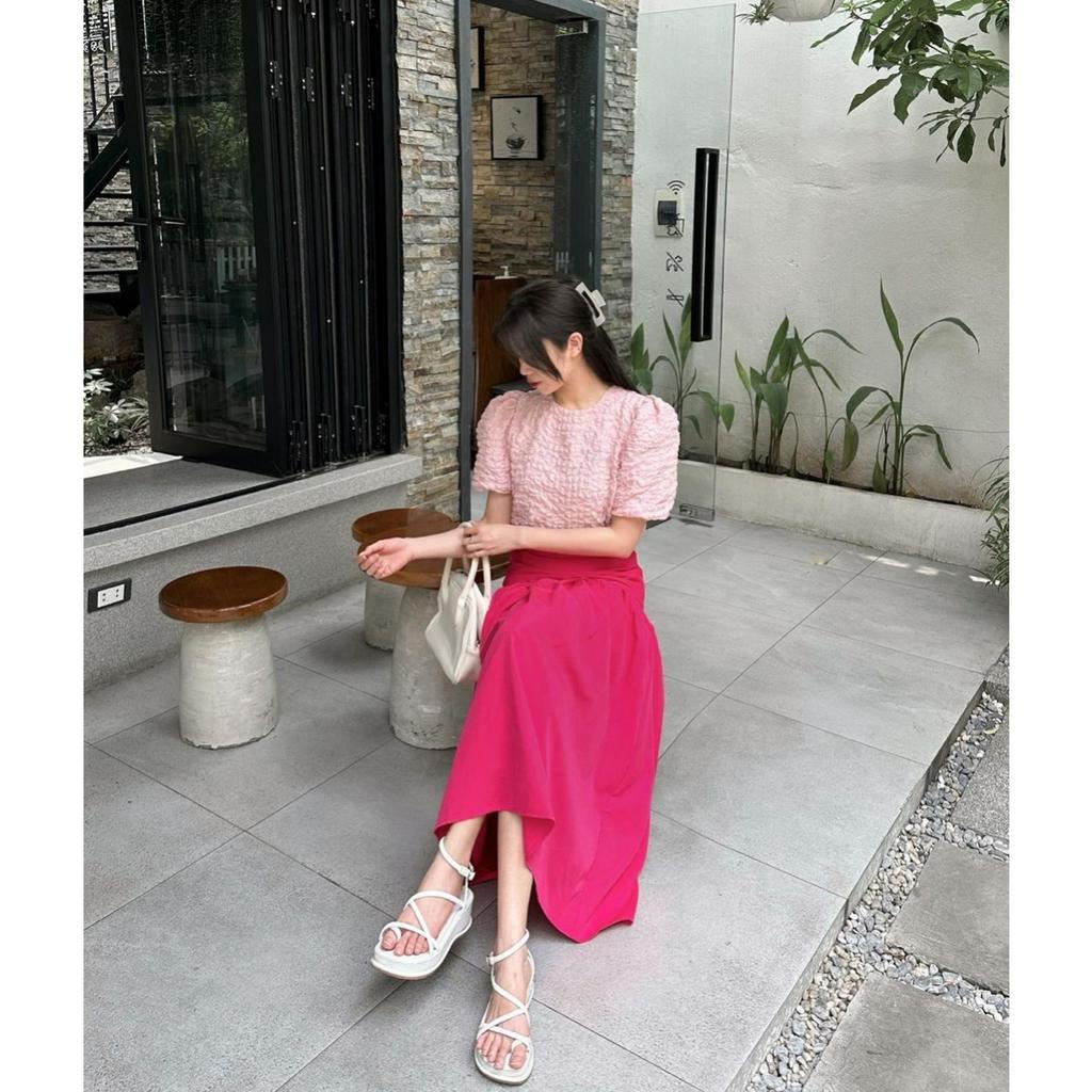 SET ÁO CROTOP XỐP NHÚN TAY PHỒNG CHÂN VÁY MIDI XẾP LY HỒNG SEN (TH)