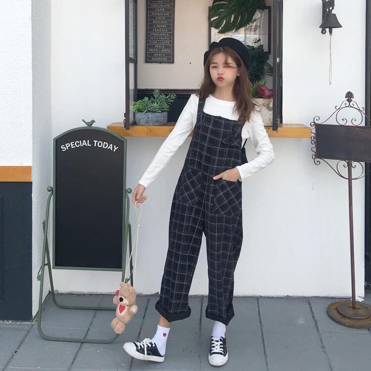 quần yếm vải caro dáng thụng kèm ảnh thật