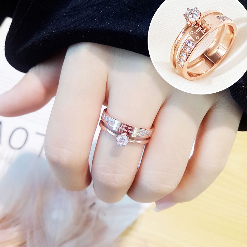 Nhẫn Đính Kim Cương Giả Bằng Thép Titan Phong Cách Hàn Quốc Thời Trang Cho Nữ