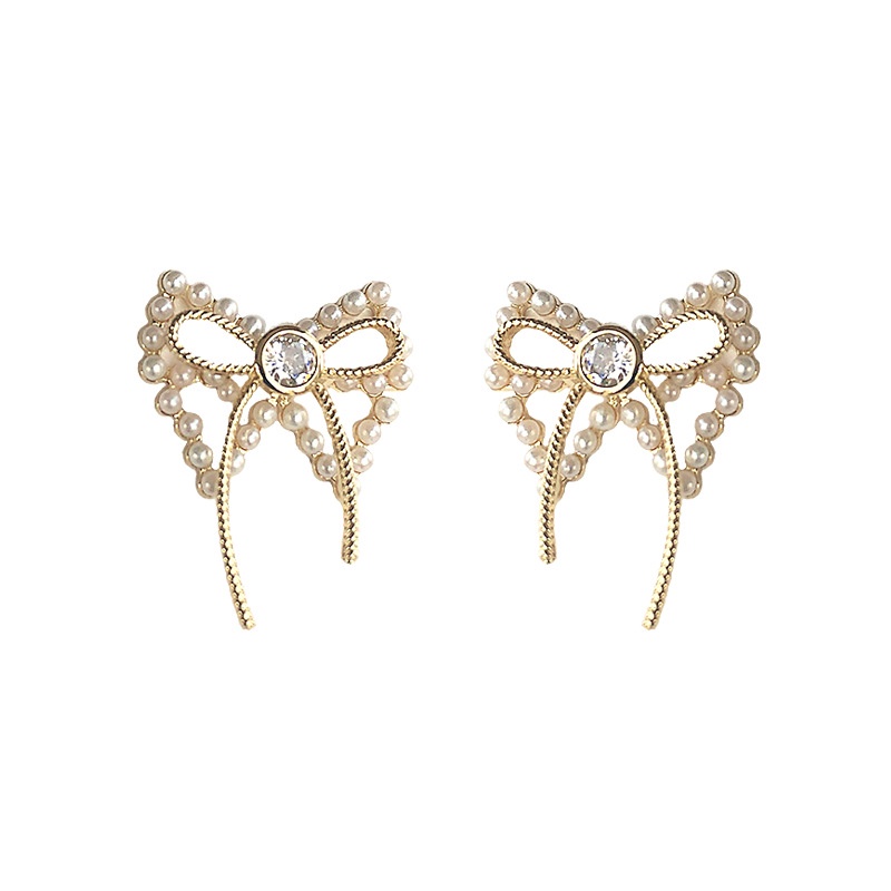 Đôi Khuyên Tai Hình Nơ Đính Ngọc Trai Thời Trang