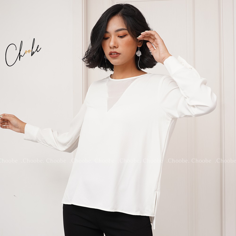 [Mã WABRM4  giảm 15% tối đa 50k đơn 150k] Áo sơ mi nữ Choobe dài tay trắng, cổ cách điệu voan V mềm mại thanh lịch - A16 | BigBuy360 - bigbuy360.vn
