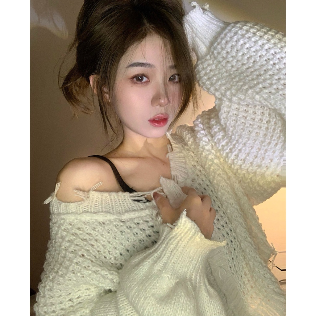 Kumikumi HUANG YOYO Áo cardigan dáng rộng tay dài phồng nhẹ phong cách Hàn Quốc thời trang cho nữ