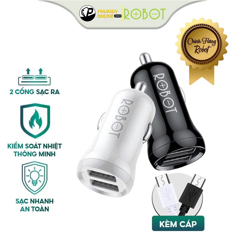 Cốc Sạc Xe Con ROBOT RT-C07 2 Cổng Tiếp Nối USB 2.4A, Chip Kiểm Soát Nhiệt Thông Minh, Không Bị Nóng, Kèm Cáp Micro.