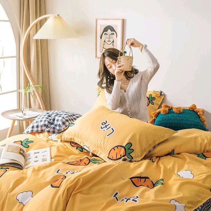 Bộ chăn ga gối drap giường chất cotton poly họa tiết cà rốt Life