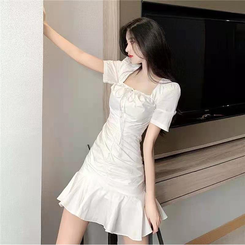 Váy Trắng, Váy Nữ, Đầm Nữ Cổ Vuông Thắt Nơ, Thiết Kế Đuôi Cá Phong Cách Hàn Quốc SIXTEEN. | BigBuy360 - bigbuy360.vn