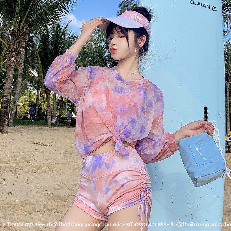 (Hàng Nhập-Ảnh thật) Đồ Bơi 3 Mảnh, Set Bikini có áo mặc ngoài Phong cách loang lổ Tie-Dye #8277