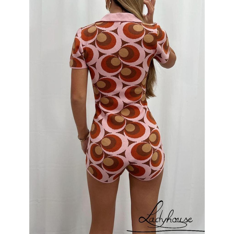 Ldd- Bộ Áo Liền Quần Dệt Kim Tay Ngắn Cổ Chữ V Cài Nút Màu Hồng Họa Tiết Hoa Thời Trang Mùa Hè Dành Cho Nữ