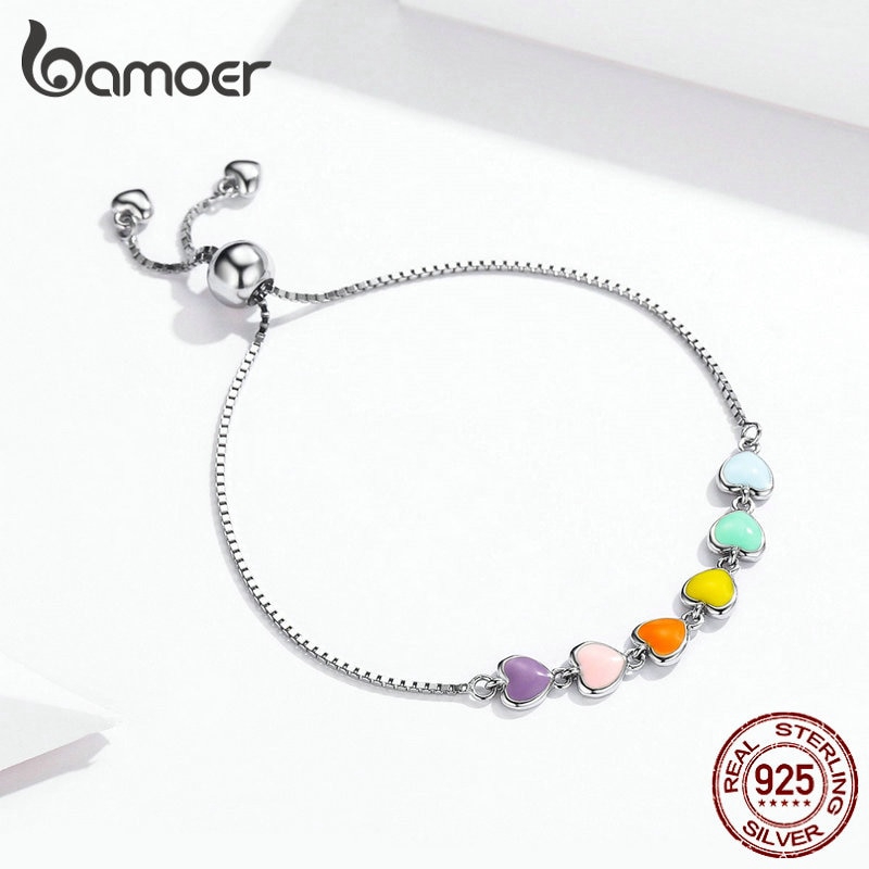 Vòng tay Bamoer SCB158 bằng bạc sterling 925 gắn trái tim lên men màu cầu vồng